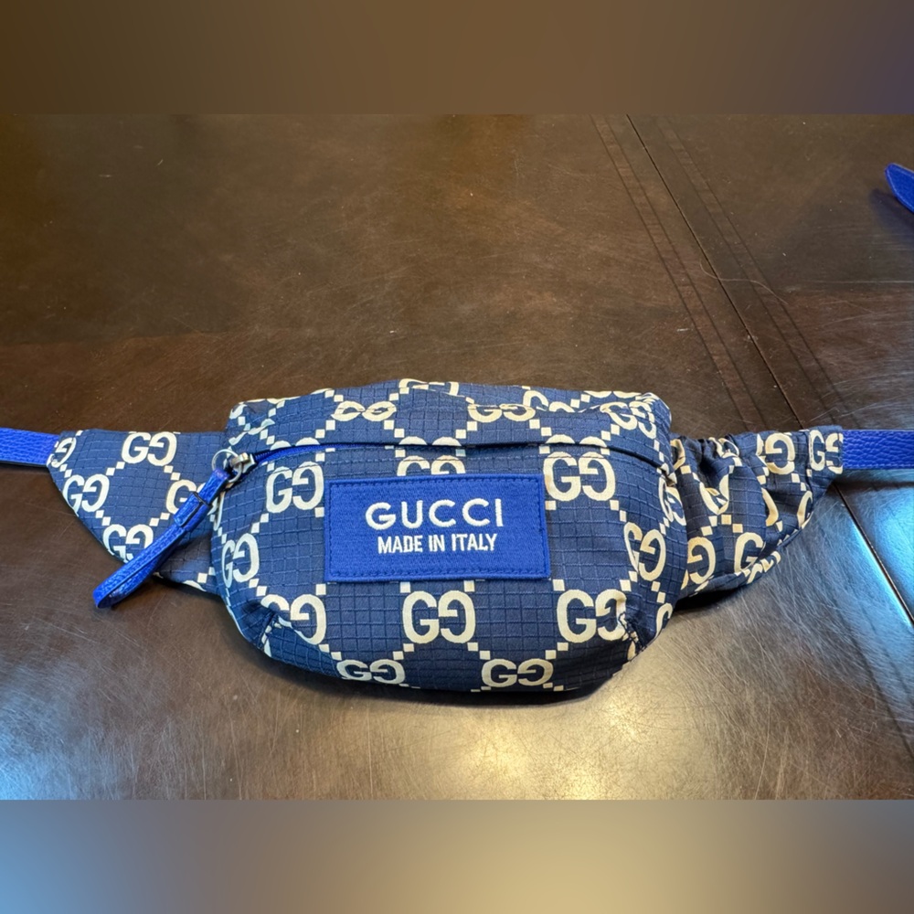 New Authentic Gucci GG Supreme Blue White Waist Bag Fanny Pack 28 - 32 inches - Picture 5 of 12